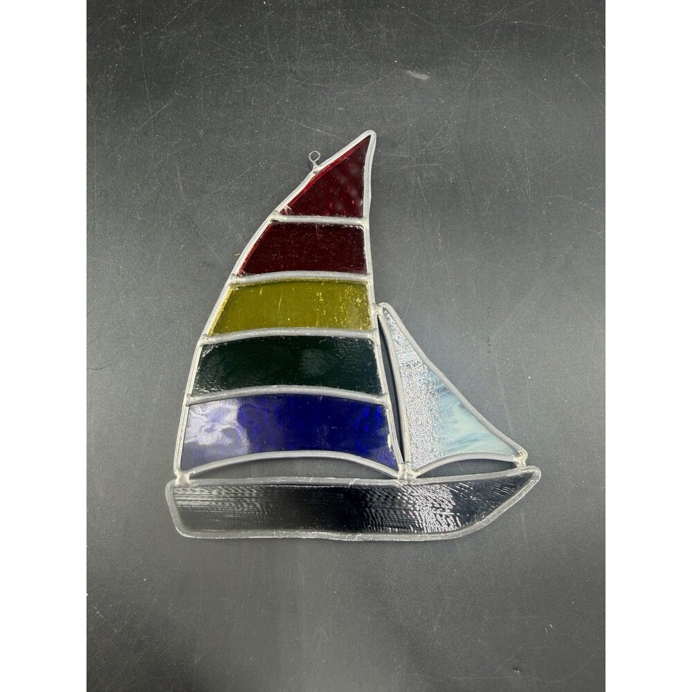 VTG Rainbow Stained Glass Sailboat Ornament Sun Catcher Water Beach Coast Decor